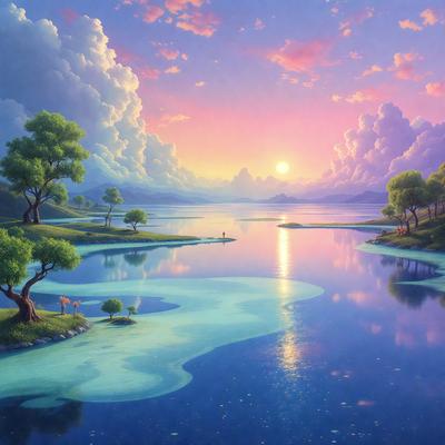 The primary subject of the image is a serene landscape featuring a large body of water, such as a lake, with a sunset in the background. The scene is set against a backdrop of trees and mountains, creating a picturesque and peaceful atmosphere. The visual style of the image is a combination of digital art and illustration, with the colors and mood being predominantly warm and calming.